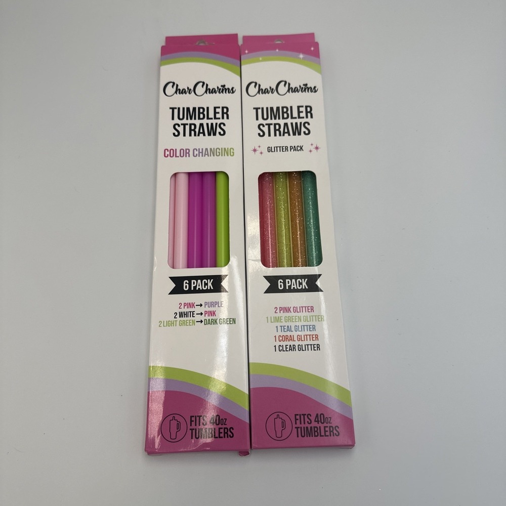 (2) Char Charms Tumbler Straws 40oz Tumblers Color Changing & Glitter 6-pack NEW